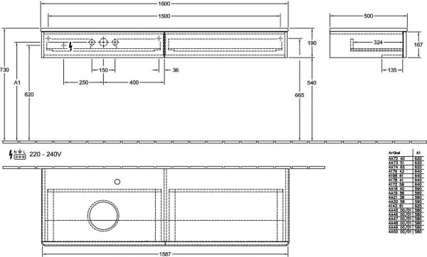 Wastafelmeubel Voor Opzet Waskom Villeroy en Boch Antao 1600x190x500mm White Matt Laquered