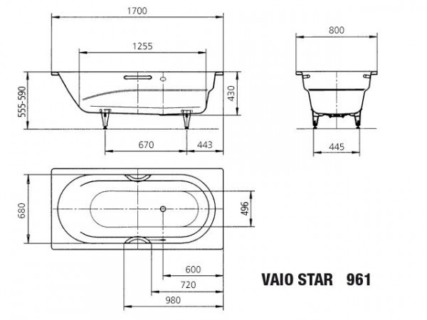 Kaldewei Standaard Bad model 961 met zijoverloop Vaio Star (234123000)