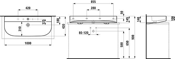 Opbouw Wastafel Laufen SONAR 3 gaten, overloop 420x145x1000mm Mat Wit