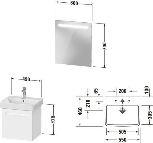 Badkamermeubel Set Duravit No.1 Onderkast, Wastafel, Spiegel 550mm, Interne lade Grafiet Mat