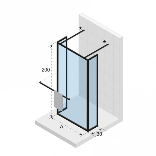 Riho Lucid GD404 inloopdouche 100x200cm met 2x30cm zijwand met handdoekrek kader mat zwart GD310B030