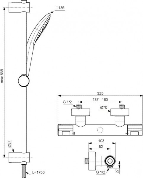 Doucheset Ideal Standard CERATHERM T100 Doucheglijstang 600 mm Chroom