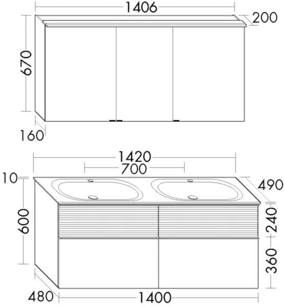 Set Meuble Salle De Bain Burgbad Fiumo 4 tiroirs dont 2 structure plissée, Armoire de Toilette 3 portes, Double Lavabo 1420mm Personnalisable SGGT142-PN491