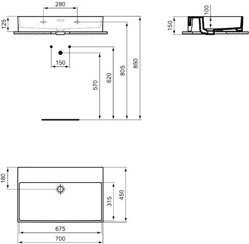 Ideal Standard Hangende Wastafel EXTRA geslepen, met overloop 700x150x450mm Wit