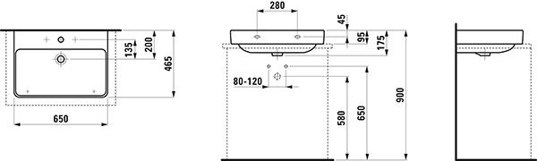 Opbouw Wastafel Laufen PRO S 3 gaten, overloop 465x175x650mm Wit