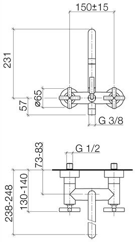 Dornbracht Mengkraan Bad Tara. 2 Gaten, 2 uitgangen 240mm