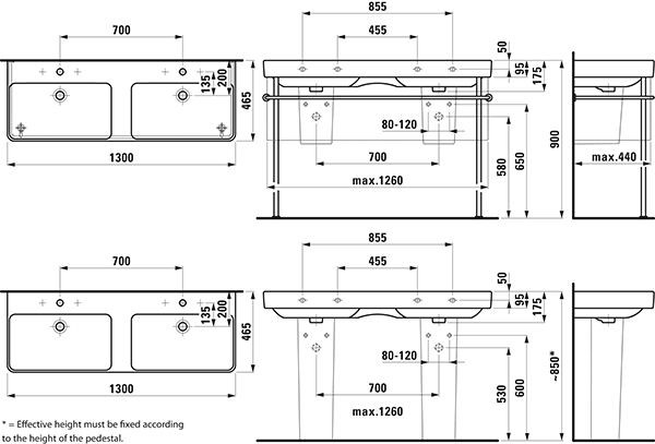 Dubbele Wastafel Laufen PRO S 3 gaten, overloop 1300x175x465mm Wit