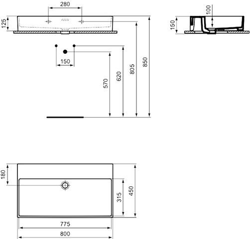 Ideal Standard Hangende Wastafel EXTRA met overloop IdealPlus 800x150x450mm Wit Ideal +