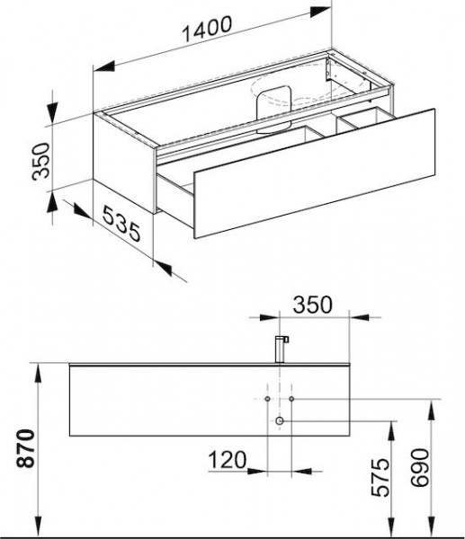 Wastafel Onderkast Keuco Edition 11 1 lade, Wastafel rechts 1400x350x535mm Truffel