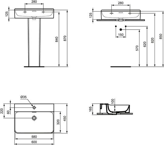 Ideal Standard Hangende Wastafel CONCA geslepen, 1 gat met overloop 600x165x450mm Wit