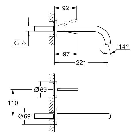 Inbouw Wastafelkraan Grohe Atrio 2 gaten 221mm Brushed Hard Graphite