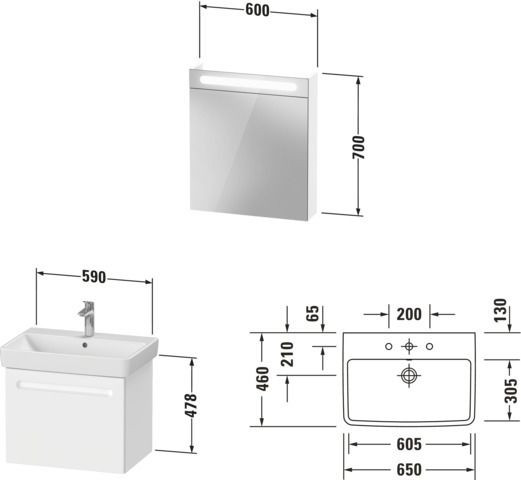 Badkamermeubel Set Duravit No.1 Onderkast links, wastafel, spiegelkast 650mm, Interne lade Mat Wit