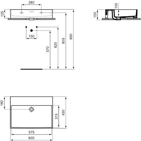 Ideal Standard Hangende Wastafel EXTRA met overloop IdealPlus 600x150x450mm Wit Ideal +