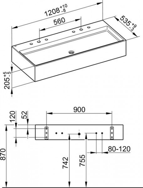 Dubbele Wastafel Keuco Edition 90 Opknoping, 6 gaten, 1208x205x535mm, Keramiek Wit