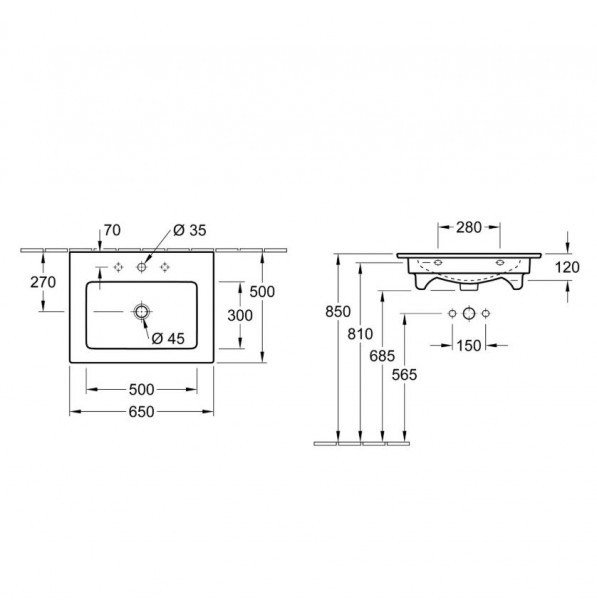 Villeroy en Boch Wastafel met overloop Venticello 650 x 500 mm (41246)