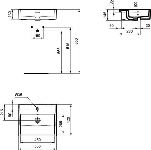 Ideal Standard Inbouw Wastafel EXTRA 1 gat met overloop 500x145x420mm Wit