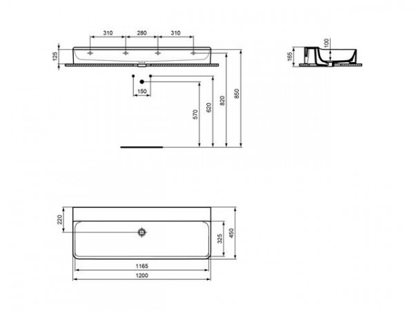 Ideal Standard Hangende Wastafel CONCA geslepen, 1200x145x450mm Wit