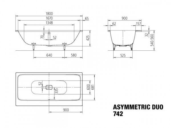 Kaldewei Standaard Bad model 742 Asymetric Duo Alpenwit (274234010)