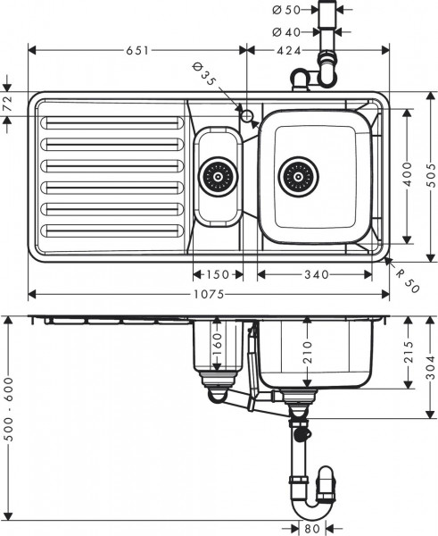 Hansgrohe Inbouw Spoelbak S41 met lekbak en afvalbak 1075x505x215mm