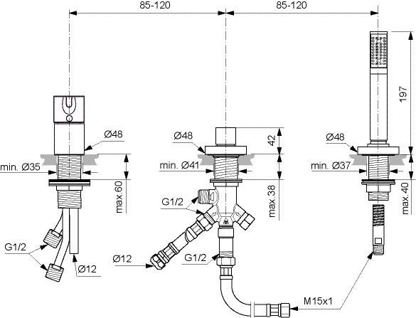 Badrandkraan Ideal Standard JOY met omkeerventiel en handdouche Magnetisch Grijs