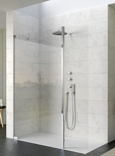 Paroi de Douche Italienne Kinedo KINEQUARTZ DUO, équerres à gauche, avec barre de renfort et volet pivotant 180° 1600mm Crystal Clean