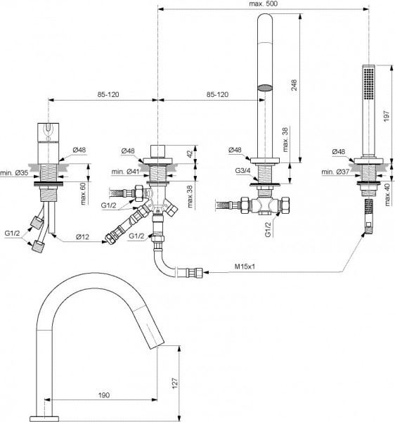 Badrandkraan Ideal Standard JOY met omkeerventiel met snavel en handdouche Magnetisch Grijs