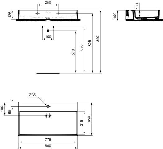 Ideal Standard Hangende Wastafel EXTRA geslepen, 1 gat met overloop IdealPlus 800x150x450mm Wit I...