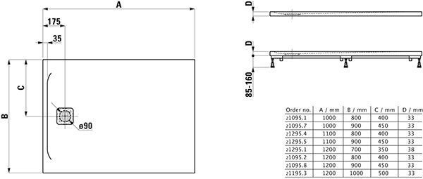 Douchebak Rechthoekig Laufen PRO korte zijde ontlading 1100x800x33mm Zwart