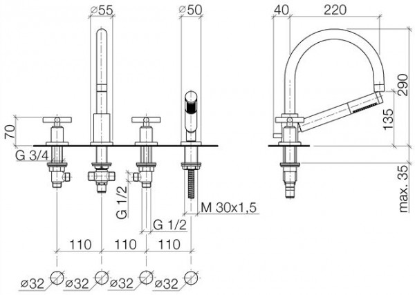 Dornbracht Badrandkraan Tara. 4-gats mixer met 4 gaten 290x220mm