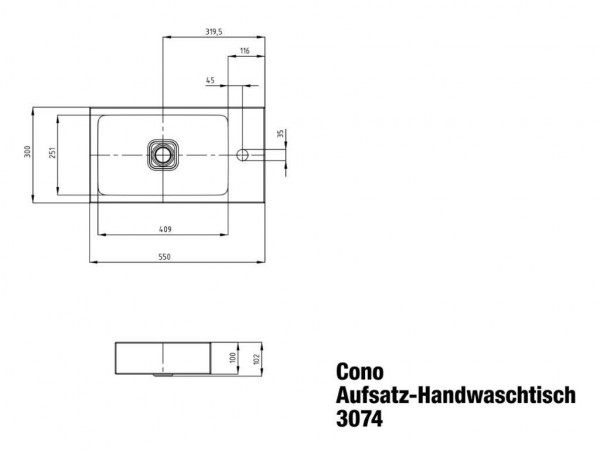 Countertop wastafel Kaldewei , model 3074 zonder overloop Cono (908106003)