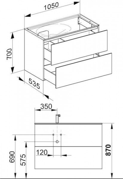 Wastafel Onderkast Keuco Edition 11 2 laden, Wastafel links 1050x700x535mm Eik Tabak