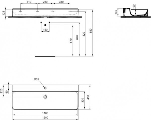 Ideal Standard Hangende Wastafel CONCA geslepen, 1 gat 1200x145x450mm Wit