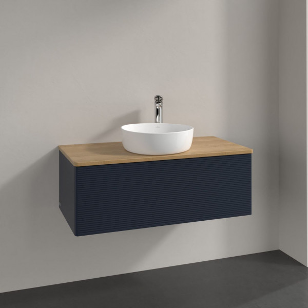 Meuble Pour Vasque à Poser Villeroy et Boch Antao avec Structure, Lumière 1 trou 1 tiroir 1000x360x500mm Midnight Blue Matt Lacquer/Honey Oak