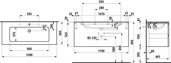 Badkamermeubel Set Laufen PRO S Dubbele wastafel met badmeubel, 2 laden 1200x545mm Licht Eikenkle...