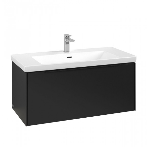 Villeroy & Boch Subway 3.0 wastafelonderkast 100x40x45cm met Volcano Black greep 1 softclose lade met LED verlichting 1 sifonuitsparing spaanplaat volcano black c569l1vl