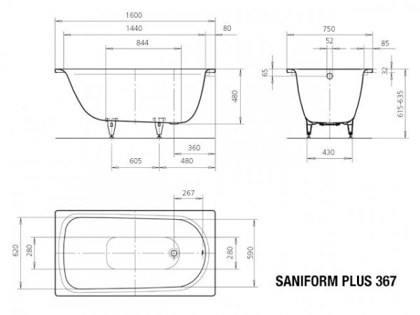 Kaldewei Ligbad Saniform Plus 1600x750x480mm Model 367 Pergamon 113830003231