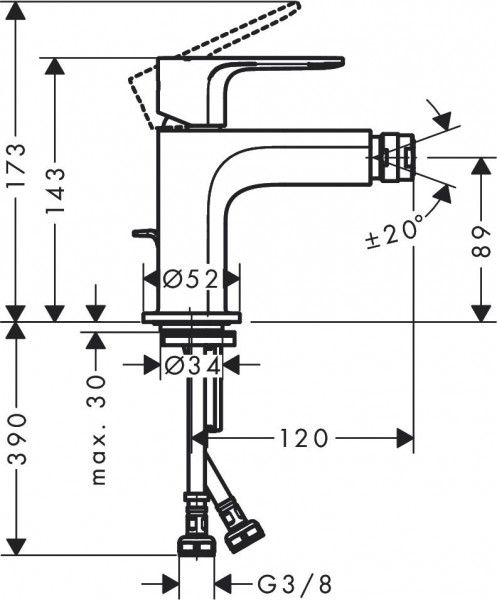 Bidetkraan Hansgrohe Rebris E Met metalen afvoergarnituur 143x146mm Chroom