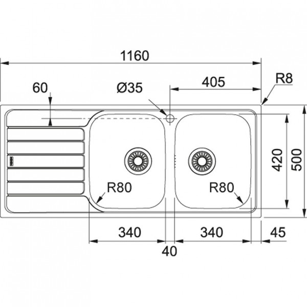 Franke Inbouw Spoelbak Spark dubbele spoelbak met afdruipgedeelte 11,60mm RVS 11063