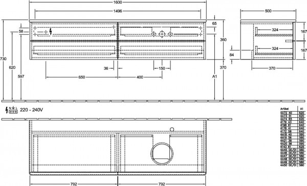 Wastafelmeubel Voor Opzet Waskom Villeroy en Boch Antao 1600x360x500mm Midnight Blue Matt Lacquer