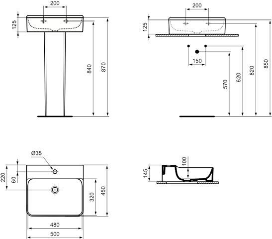 Ideal Standard Hangende Wastafel CONCA geslepen, 1 gat 500x145x450mm Wit