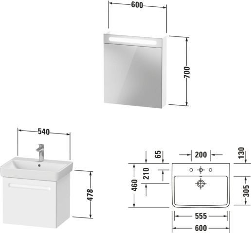 Badkamermeubel Set Duravit No.1 Onderkast links, wastafel, spiegelkast 600mm, Interne lade Mat Wit