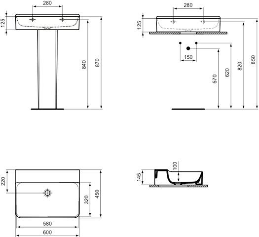 Ideal Standard Hangende Wastafel CONCA geslepen, IdealPlus 600x145x450mm Wit Ideal +