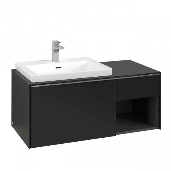 Villeroy & Boch Subway 3.0 wastafelonderkast 105x40x50cm met aluminium glanzende greep 2 softclose lades met LED verlichting 1 sifonuitsparing links spaanplaat volcano black c572l0