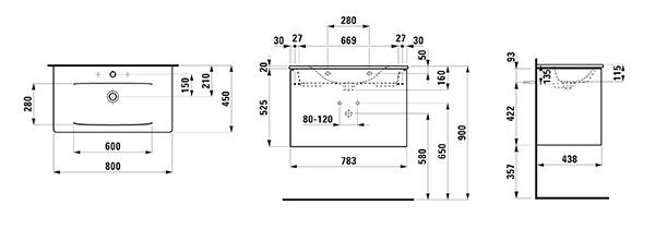 Badkamermeubel Set Laufen PALACE Wastafel, badmeubel, 2 laden, aluminium handgrepen 800x545mm Gla...