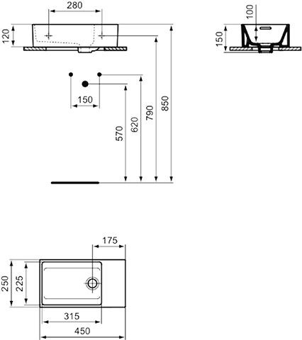 Ideal Standard Fontein Toilet EXTRA geslepen, met overloop, links 450x150x250mm Wit