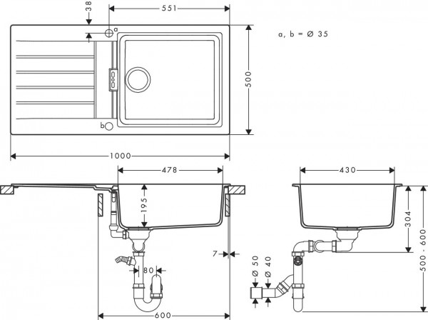 Inbouw Spoelbak Hansgrohe S52 481 Automatische afvoerbak legen Steen Grijs