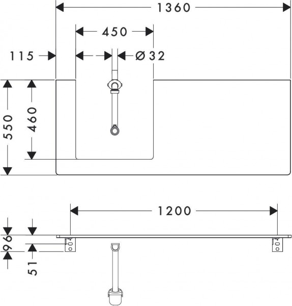 Wastafelblad Hansgrohe Xelu Q 1 gat links voor wastafel van 450 mm 1360x550mm Natuurlijk Eiken