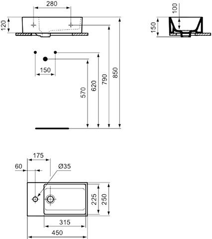 Ideal Standard Fontein Toilet EXTRA geslepen, 1 gat met overloop, rechts 450x150x250mm Wit