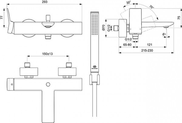 Thermostatische Mengkraan Bad Douche Ideal Standard CONCA met omkeerventiel en handdouche Magneti...