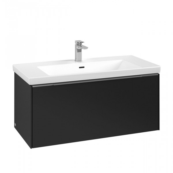 Villeroy & Boch Subway 3.0 wastafelonderkast 100x40x45cm met aluminium glanzende greep 1 softclose lade 1 sifonuitsparing spaanplaat volcano black c56900vl